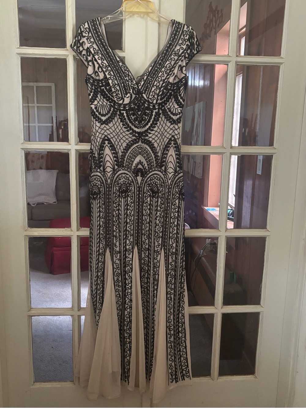 R&M Richards Black & Cream Beaded V-Neck Evening Gown